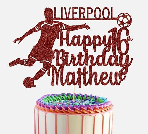 Football Personalised Birthday Glitter Cake Topper With Any Name Age & Team (Red)