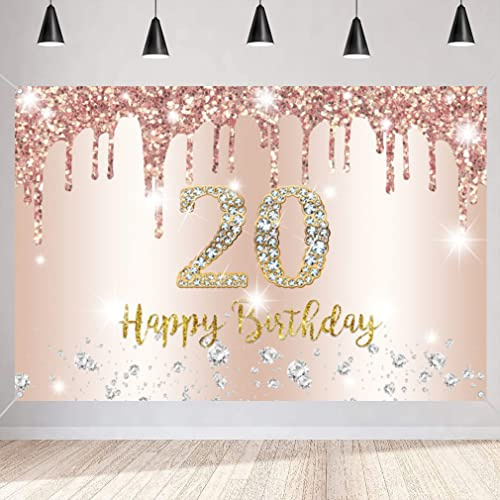 20. Geburtstag Deko Frauen, 20 Geburtstag Dekoration Roségold Glitzerflecken Stoff Schild Plakat Hintergrund Banner Frau 20 Geburtstagsfeier Deko