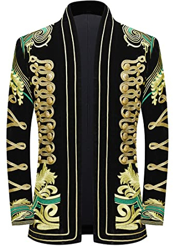 PYJTRL Blazer élégant en Velours Noir avec Broderie dorée pour Homme,Green Flower,L