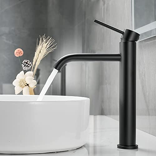 Tall Bathroom Basin Mixer Tap, High Rise Bathroom Sink Tap, Matte Black | Washroom Sink Faucet for Countertop Basin, Single Lever, Modern Round Hot & Cold Design, Flexible Tails, Stainless Steel