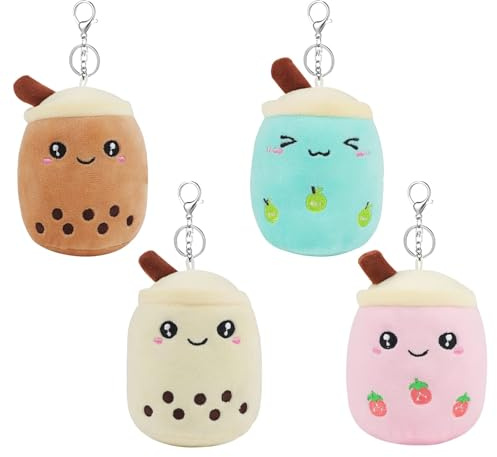Anboor Pack de 4 Petits Animaux en Peluche Boba Remplis Jouets d'animaux avec Porte-clés Récompense Peluche Thé aux Bulles Jouet Peluche Cadeaux de fête Cadeaux