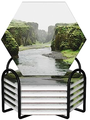 Set mit 6 Keramik-Untersetzern, saugfähig, mehrfarbig, Natur, Tal, Flüsse, Druck, Getränkeuntersetzer, Bar-Untersetzer mit Korkboden für Büro, Heimdekoration