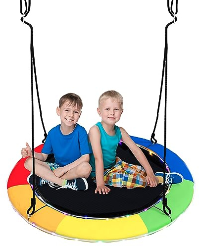 COSTWAY Balançoire Nid d'Oiseau Ø 100CM avec Corde Réglable 100-180CM, Balançoire Soucoupe Intérieur Extérieur avec Lumières LED Coloré en 8 Mode, Charge 300kg pour 2-3 Enfants de 3 Ans+