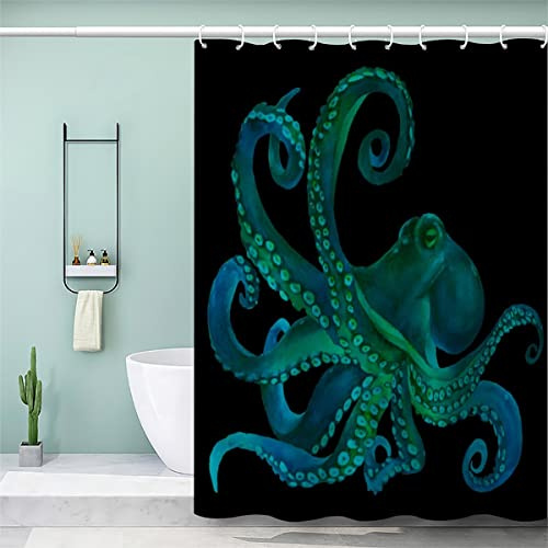 AKATIE 3D Duschvorhang 200x200 Wasserdicht mit Gewicht Saum Badewanne Vorhang Krake Blauer Oktopus Duschvorhang mit 12 Hooks Duschvorhänge für Badezimmer