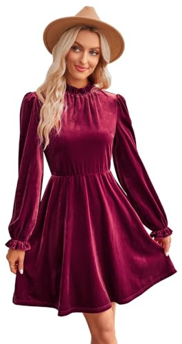 RPAEOY Abito Donna Elegante Invernale in Velluto Maniche Lunghe Collo Alto Vintage Vestito Ginocchio Curvy Vestiti da Sera Natalizio Cocktail Festa Cerimonia Rosso S
