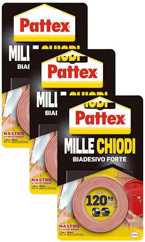 Pattex Millechiodi Tape, nastro biadesivo extra forte per applicazioni permanenti, nastro adesivo di montaggio per interni ed esterni, 19 mm x 1,5 m (Confezione da 3)