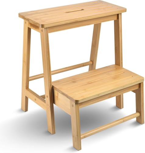 BUDDLEY Bambus Tritthocker Kinder - ideal als Küchenhocker & als Stufenhocker für Kinder - 2 praktische Stufen - 100% nachhaltige Materialien (Cognac Braun)