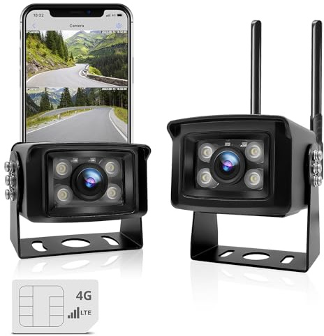GENBOLT 3G/4G LTE Caméra Camion sans Fil sans WiFi,Caméra de Surveillance extérieure avec Carte Sim, Alarme sonore & Lumineuse,Caméras Doubles à Distance pour Camping-Car,Caravane,étanche IP69K