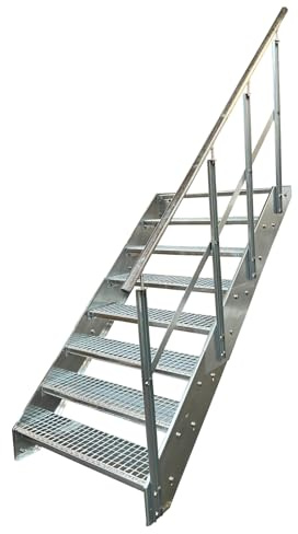 Kaminbau Mierzwa Premium Stahl Treppe W2 mit Geländer Rechts komplett Verzinkt /8 Stufen (Breite 600 mm) (Höhe 152 cm) Wetterfest Gitterroststufe Gartentreppe