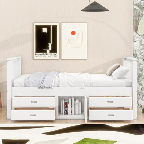 Kayan 90x200 cm Podestbett, Kinderbett, Podestbett mit 4 Schubladen, mit Stauschrank, Weiß