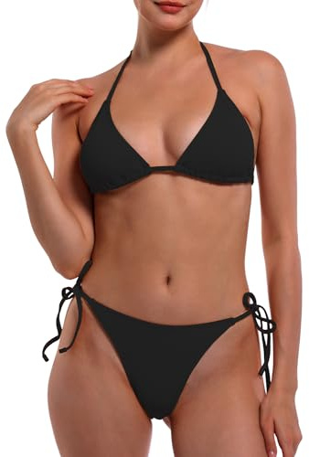 EONAR Bikini Damen Set Sexy Klassischer Triangel Bikini Oberteil Verstellbare Zweiteiliger Badeanzug Hohe Elastizität Bademode Einfarbig Bikini für Frauen(S,Black)