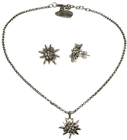 Schmuckset Trachtenkette Metallkette und Ohrstecker Strass Edelweiss klein - Damen Dirndlkette, Trachtenohrringe Strass-Edelweiss zur Trachtenbluse,Dirndl-Schmuck Oktoberfest (antik-silber-farben)