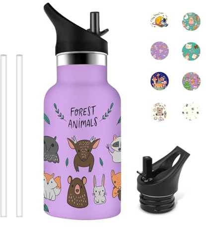 Grsta Botella Agua Acero Inoxidable, 350ml Botella Agua Niños, Personalizada con Pajita, Fácil de Limpiar, Reutilizable para la Escuela, Cafetería, Oficina, Púrpura-Ciervo