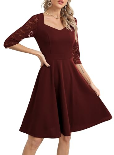 Missufe Abito da sera da donna, con scollo a V, maniche a 3/4, linea a swing, feste, cocktail, ballo, abito in pizzo, Bordeaux, L