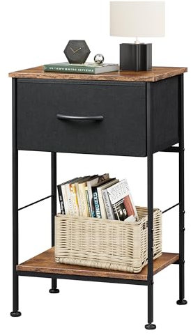 WLIVE Nachttisch, Beistelltisch mit Stoffschublade und Ablage, Nachtschrank Schlafzimmer mit Metallrahmen, für Wohnzimmer, Vintagebraun-Schwarz