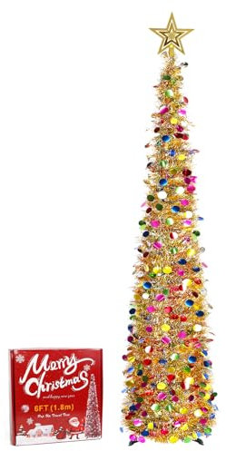 HOTOOLME 180cm Pop-Up Weihnachtsbaum mit glitzernden Pailletten & Sternspitze, Faltbarer Lametta-Christbaum für Innenbereich Weihnachtsdeko für Zuhause & Partys, wiederverwendbar & einfach aufzubauen