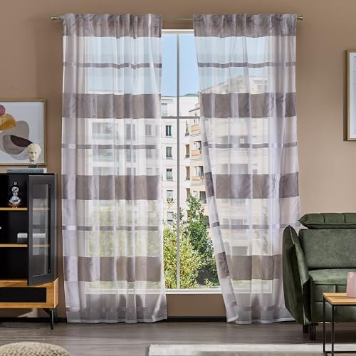 Como Gardinen 2er Set Vorhänge Weiß-Grau gestreift 245 x 140 cm - Skandi Look - Transparente, Schlaufenschals aus Polyester für Wohnzimmer, Kinderzimmer, Schlafzimmer, Büro