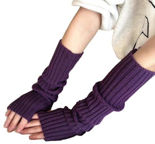 AWOCAN Lange Fingerlose Weiche Winter Warme Handschuhe - Gestrickt Warm Weben Armstulpen Daumenloch Handschuhe (lila)