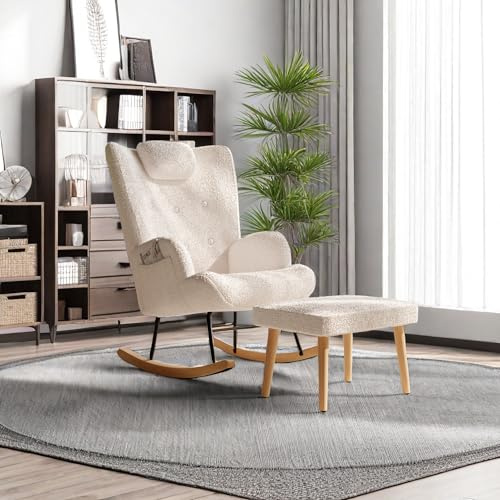 PRTECY Weißer Schaukelstuhl mit Hocker, weicher Teddy-Plüsch-Schaukelstuhl, Liegestuhl, Sessel, Schaukelstuhls, Akzentstuhl für Schlafzimmer, Wohnzimmer, Esszimmer (Weiß)
