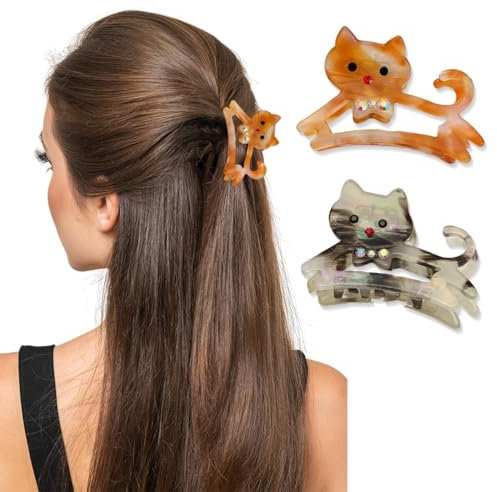 2 Piezas Horquilla de Gato, Pinzas de Pelo, Pinza Pelo Pequeña Hair Clips de Mate Antideslizantes para El Pelo de Mujer Pinzas Rectangulares (Carey+Naranja)