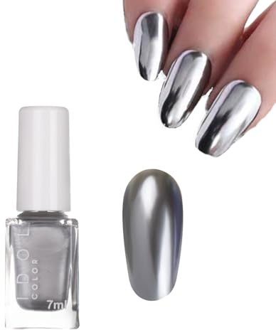 Silver Metallic Nail Polish Water-Based Silver Chrome Nail Varnish with Quick Drying, Long Lasting Metal Effect, Breathable Mirror Finish