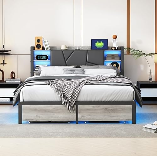 Callicarpa Cama de matrimonio de 160 x 200 cm con plataforma con iluminación LED y carga USB, cabecero con espacio de almacenamiento, marco de hierro estable con dos cajones, sin colchón, color negro