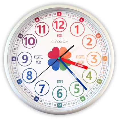 CLOXON Wanduhr für Kinder Montessori inspirierte Lernuhr analoge Kinderuhr zum Lernen der Uhrzeit cleveres Design für leichte Ablesbarkeit ohne Tick Geräusche (Kunststoffrahmen Silber)