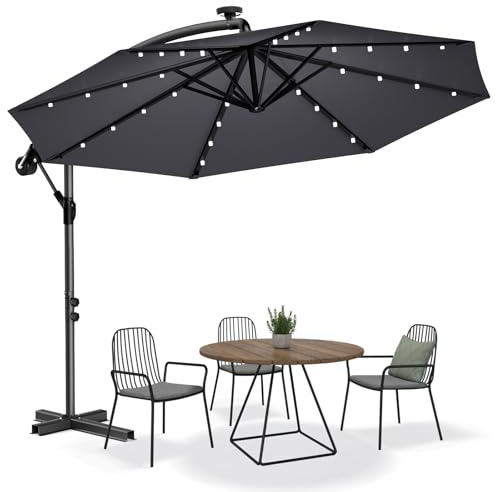 Alpstorm Ampelschirm mit LED 350cm – 360° drehbarer Solar-Kurbelschirm mit UV40+ & wasserabweisend, 32 integrierte LEDs (4 pro Strebe), stabile 8 Fiberglasarme & Kreuzbasis für Terrasse, Dunkelgrau