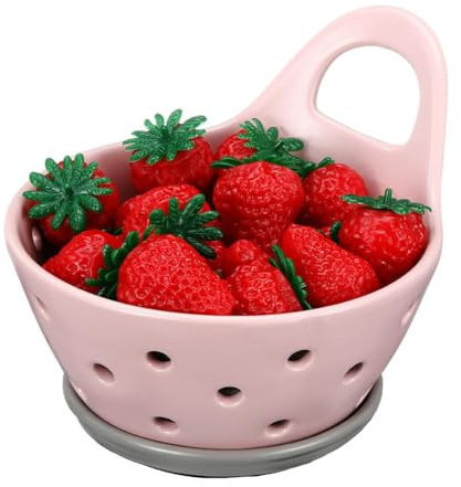 GYJZZW Ceramic Berry Basket Stoneware Colanders with Handles Fruit Bowls for wash Berries and Vegetables (Pink)