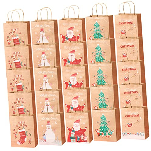 FUNOMOCYA Weihnachtspapiertüten Mit Henkel 25 Stück Papiertragetaschen Weihnachtsmotive Praktische Geschenkverpackung Partydekoration Süßigkeitentüten