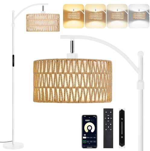 OUTON Lampadaire sur Pied en Rotin, Lampadaire Arc Boho avec App, Télécommande et Commande Tactile, 4 Températures de Couleur, 2 Abat-jours, 12W Lampadaires Vintage pour Salon, Chambre, Bureau, Blanc