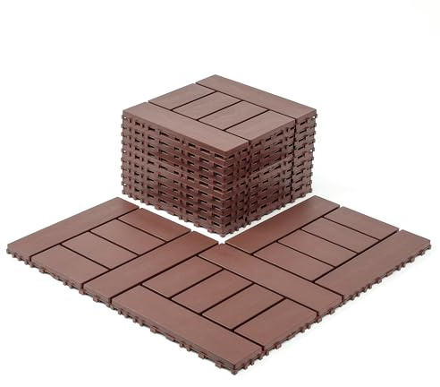 Plastic Interlocking Decking Tiles, 44 Packs of Terrace decking Tiles,12'' x 12'' Waterproof Indoor Outdoor Flooring All Weather Use, Patio Floor Decking for Backyard Balcony (Brown, Ladder)