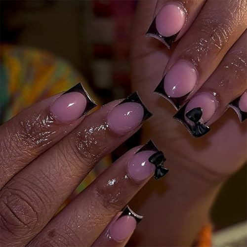 24Pcs Black French Tip Press on Nails Short Square Nail Tips Nude Fake Nails with 3D Bow Charms Stick onNails Black False-Nails French Acrylic-Nails Cute Bows Glue on-Nails for Women Nail Art Design