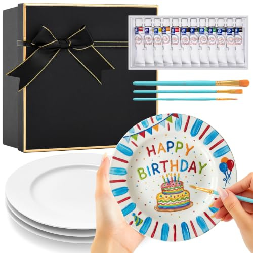 Sinmoe Keramik Bemalen Set Teller zum Bemalen Enthält 4 Porzellanteller 3 Pinsel 12 Acrylfarben 1 Geschenkbox 1 Palette für Geburtstag Schmücken DIY Geschenke(7 Zoll,Moderner Luxus,4 Stück)