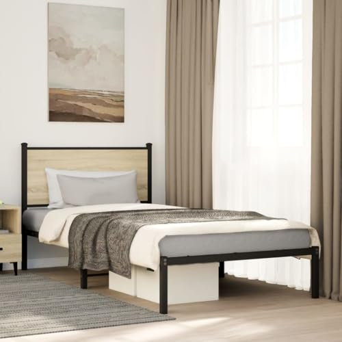 QJBSAVVA Einzelbett 100x190 cm Sonoma-Eiche Metallbett Jugendbett mit Lattenrost Kopfteil 196x105x91,5 cm Stahl Holzwerkstoff Modernes Daybett für Schlafzimmer Gästezimmer ohne Matratze