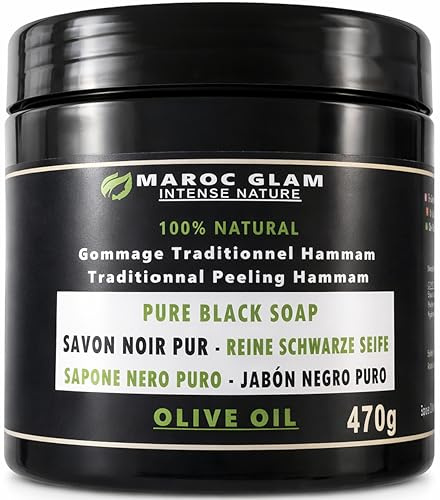 Savon noir marocain 470g- Gommage Hammam traditionnel à l'huile d'olive - Exfoliant Naturel corps et visage - MAROC GLAM