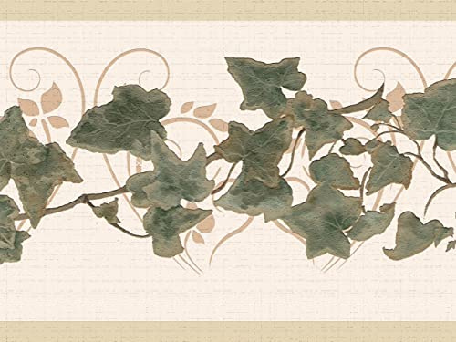 Dundee Deco DDAZBD9297 Bordüre zum Abziehen und Aufkleben – abstrakte grüne Blätter auf einer Rankenwand, Retro-Design, 4,57 m x 17,78 cm, selbstklebend