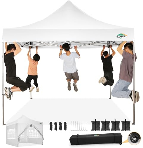 COBIZI pavillon 3x3 wasserdicht stabil Winterfest, faltpavillon Outdoor faltbar partyzelt，pop up pavillon klappbar gartenpavillon mit 4 Seitenteilen und Laufradtasche, Weiß（420D Oxford-Plane）