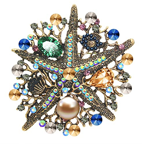KristLand Seestern Brosche österreichischer Kristall Strass Perle Damen Corsage Vergoldete Brosche Meerestier Brosche Tasche Brosche Party Geburtstag Geschenkbox Damen Braun