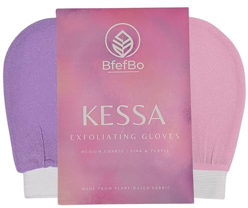 BfefBo Body Exfoliating Glove, KESSA Pink, 2 PACK, Bath & Shower Mitt, Body scrub, Exfoliator, Plant based, Targets keratosis pilaris (Pink)