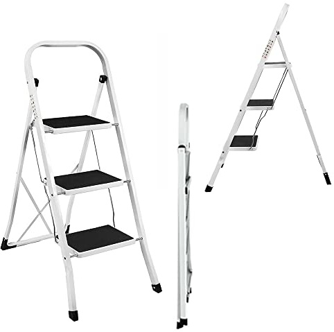 3 Stufen Trittleiter | Klapptrittleiter mit Anti-Rutsch-Matte Belastbar bis 150kg | 3-Stufen Mehrzweckleiter aus Aluminium | Klapp-Stehleiter für Küche, Hause, Büro