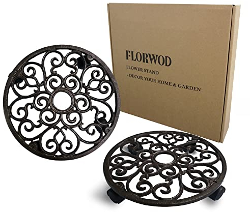FLORWOD 2 x robuster Blumentopfhalter aus Gusseisen, 27,9 cm, Blumenständer, runder Pflanzgefäßhalter mit 4 x 360°-Lenkrollen