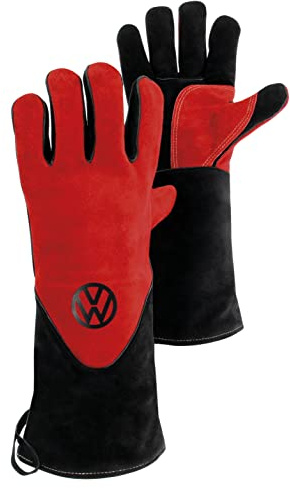 BRISA VW Collection - T1 Bulli Bus Grillhandschuhe Rindsleder | Volkswagen 1 Paar BBQ Lederhandschuhe Feuerfest 500°C, Armschutz Hängeschleife, Hitzebeständiges Kevlar Baumwollfutter, Rot