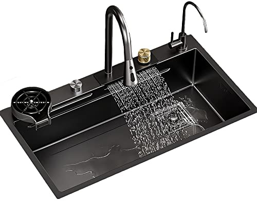 Küchenspüle Schwarz waschbecken Flying Rain-Wasserfall-Waschbecken Unterbau mit ausziehbarem Wasserhahn, Schneidebrett, Tassenspüler für die Waschküche zu Hause, Garage, Bar, Restaurant ( Size : 68*43