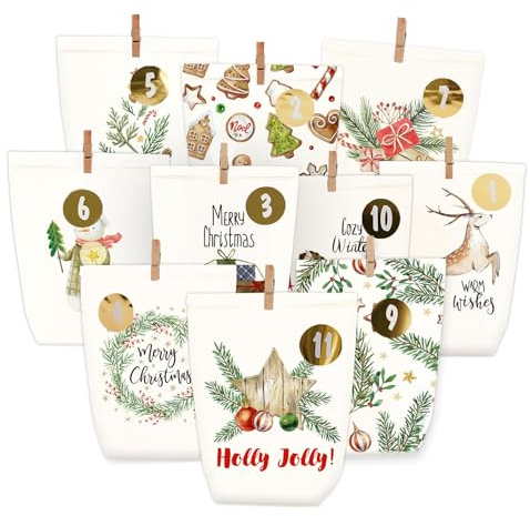 Adventskalender Tüten zum Befüllen, Weihnachtskalender Papiertüten, DIY Advents Kraftpapiertüten Selbstbefüllen zum selbst füllen, 24 Bedruckte Geschenktüten für Kinder (Winter bunt2)