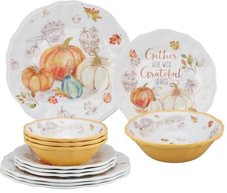 UP ware - Juego de vajilla de melamina de 12 piezas para exteriores, juego de platos y cuencos, decoraciones de otoño de Acción de Gracias, servicio para 4, naranja