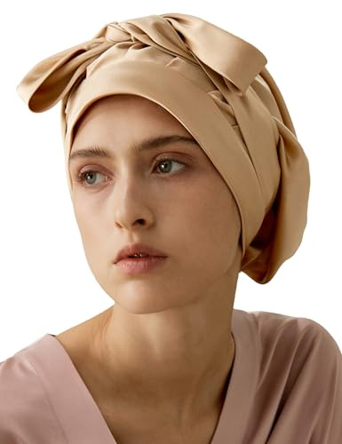 LilySilk 100% Reine Maulbeerseide Schlafmütze für Damen Natürliche Seidenmütze zum Schlafen und Haarpflege Nachthaarwickel mit langem elastischem Band zum Halten,Hell Kamel