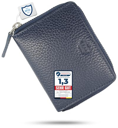 Baur Damen Geldbörse Echt Leder Geldtasche | Mini-Geldbeutel mit RFID Schutz | kleines Portemonnaie mit 6 Kartenfächer | Schein- & Münzfach | Rundumreißverschluss (Silber Reißverschluss, Dunkelblau)