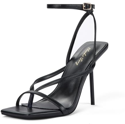 Zhabtuc Sandali con tacco da donna, Punta Quadrata, Tanga, Punta Aperta, Cinturino alla Caviglia con Fibbia, Sandali con Tacco, Scarpe Eleganti, Pelle verniciata nera, 38.5 EU
