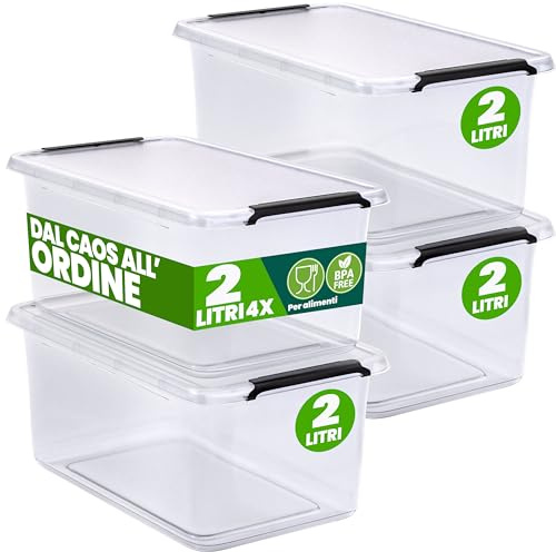 Deuba Aufbewahrungsboxen 4x 2L mit Deckel | Kunststoff, Transparent, Stapelbar, Transparent, Lebensmittelecht, BPA frei, Klickverschluss, 19,5x15x11,5 cm, Küche